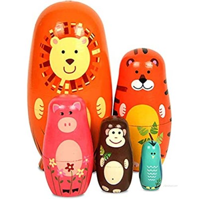 Maxshop 5 Pieces 6" Tall Cute Nesting Dolls - Handmade Wooden Different Pattern Small Items - Matryoshka Doll Handmade Wooden Dolls Cartoon Animals Pattern Toy Gift