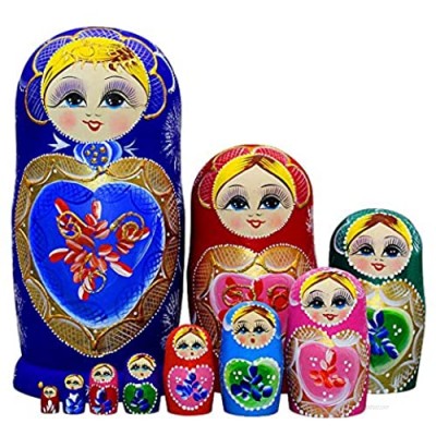 Moonmo 10pcs Blue Loving Heart Shaped Handmade Wooden Russian Nesting Dolls Matryoshka Wooden Toys
