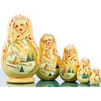 Russian Nesting Doll - Kirov - VJATKA - Hand Painted in Russia - Medium Size - Wooden Decoration Gift Doll - Matryoshka Babushka (Design B  4.75`` (5 Dolls in 1))