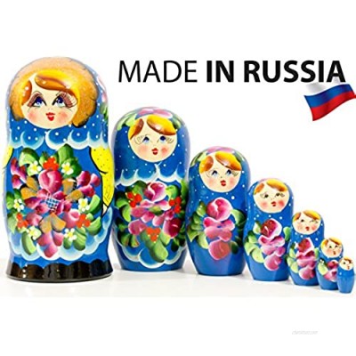 Russian Nesting Doll - Traditional POLKHOV MAIDAN - Hand Painted in Russia - Medium Size - Wooden Decoration Gift Doll - Matryoshka Babushka (Blue  8``(7 Dolls in 1))