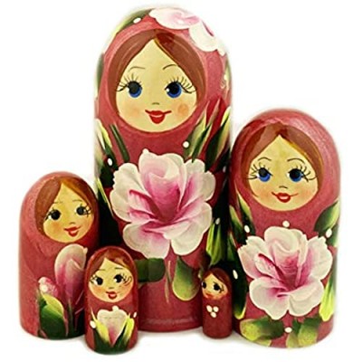 Russian Nesting Dolls 5 Pcs Matryoshka Cute Face Floral Hand Carved Hand Painted 4 1/16 Inch  Gift for Kids and Adults