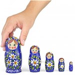 Russian Nesting Dolls 5 Traditional Matryoshka Romashka Style | Babushka Wooden Collectible Dolls Gift Set Blue with White Flower Design Hand Made in Russia | Romashka 5 Piece 7.1 inches
