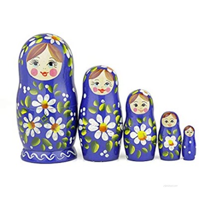 Russian Nesting Dolls  5 Traditional Matryoshka Romashka Style | Babushka Wooden Collectible Dolls Gift Set  Blue with White Flower Design  Hand Made in Russia | Romashka 5 Piece  7.1 inches