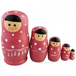 Set of 5 Adorable Pink Cartoon Girl White Dotted Wooden Nesting Dolls Matryoshka Russian Doll Popular Handmade Stacking Toys Kids Gifts Christmas New Year Home Decoration