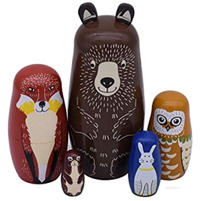Set of 5 Cartoon Bear Fox Owl Rabbit Raccoon Handmade Wooden Russian Nesting Dolls Matryoshka Dolls for Birthday Christmas New Year Gift Home Decoration Kids Toy