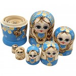 Set of 7 Blue Cute Little Girl with Big Braid Handmade Wooden Russian Nesting Dolls Matryoshka Dolls for Kids Toy Birthday Home Decoration