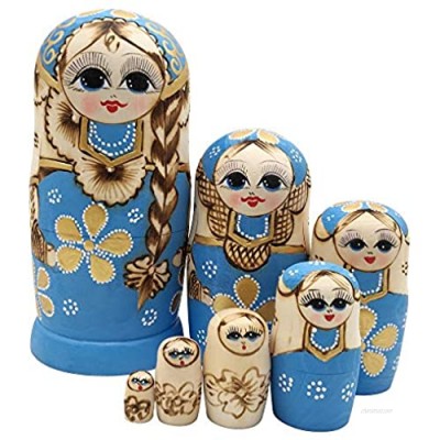 Set of 7 Blue Cute Little Girl with Big Braid Handmade Wooden Russian Nesting Dolls Matryoshka Dolls for Kids Toy Birthday Home Decoration