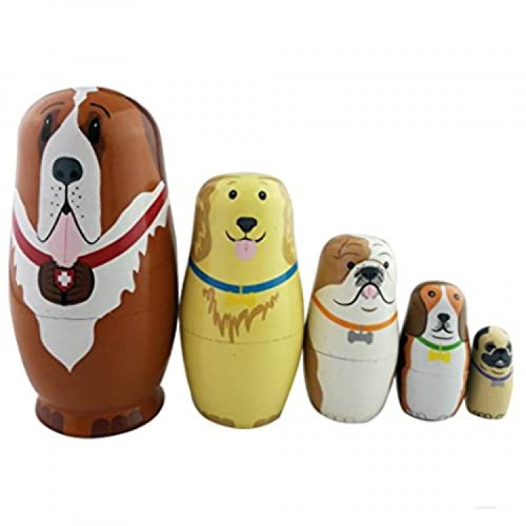 Winterworm 5pc Nesting Doll Dog- Wooden Dog Hand Painted Nesting Dolls Matryoshka - Set of 5 Dolls from 5.7 Tall