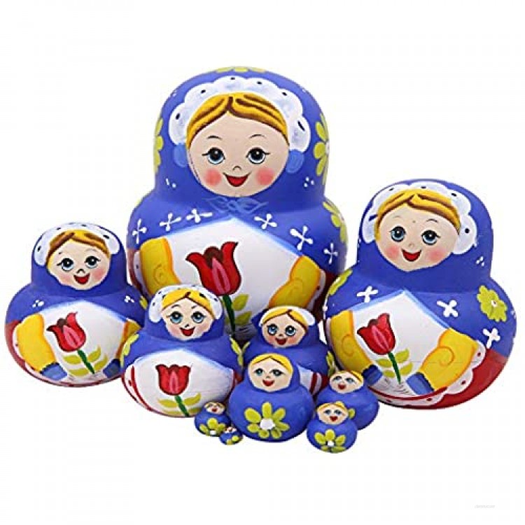 Winterworm Set 10 Pieces Lovely Blue Scarf Girl Hand with Rose Wooden Nesting Dolls Handmade Matryoshka Russian Dolls for Kids Stacking Toy Christmas Birthday Gift Home Decor