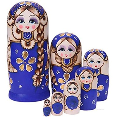 Wood Stacking Nested Set 7 pcs Cute Green/ Blue Sweater Girl Russian Nesting Dolls Matryoshka Toys Decoration Wishing Gift (Blue)
