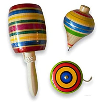 Multi Pack Autentic Mexican Party Games Made in Mexico (3 Set Fine Wooden Yoyo Trompo & Balero Assorted Colors)