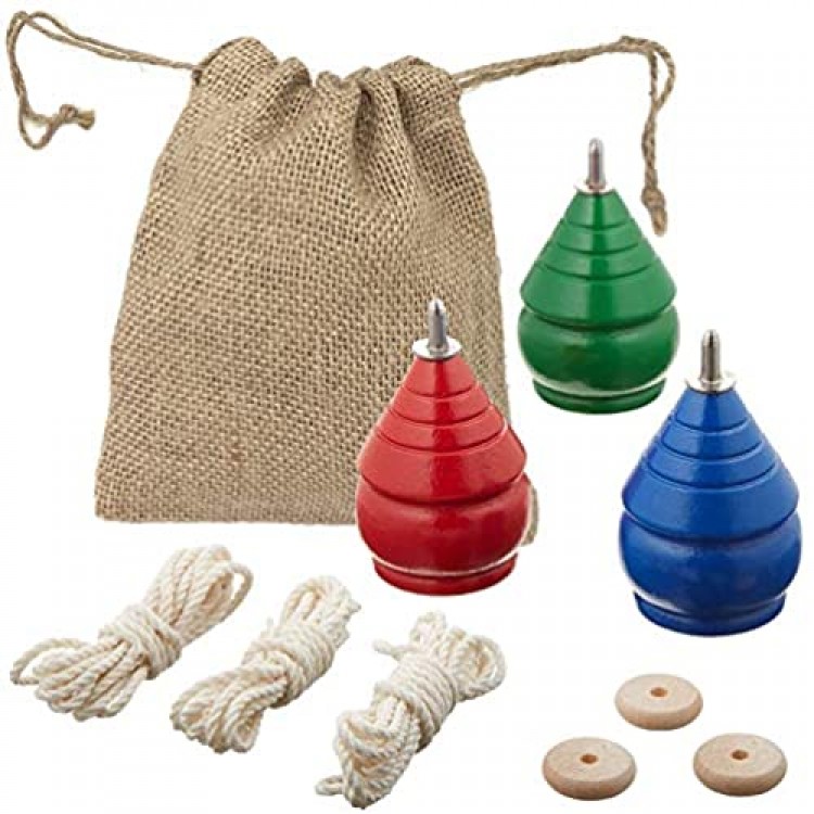 YAJUA Authentic Spinning Tops Classic Wooden Trompos with Jute Bag [Set of 3]