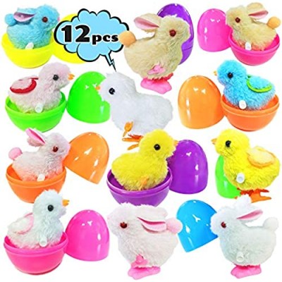 12 Pack Filled Easter Eggs with Wind-Up Toys Prefilled Wind-Up Bunnies and Chicken Toys Easter Eggs for Easter Basket Stuffers Plush Chicken Jumping Toys for Kids Egg Hunt Party Favors Birthday Gift