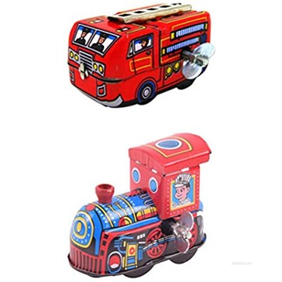 NUOBESTY 2pcs Retro Wind up Toys Clockwork Train Fire Engine Antique Metal Tin Car Toys for Kids Party Favors Gifts