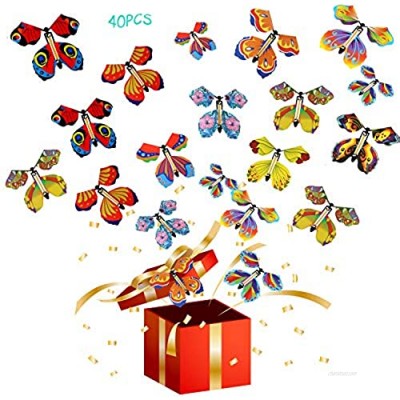 Scettar 40 PCS Magic Flying Butterfly Fairy Flying Toys Wind up Rubber Band Powered Butterfly Toys Decoration for Colorful Bookmark and Greeting Card Surprise Gift