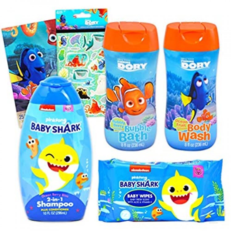 Baby Shark Bathroom Set for Kids Bundle ~ 4 Pc Baby Shark Shampoo and Wipes with Finding Dory Body Wash Bath Bubbles Stickers and More! (Baby Shark Bath Set)