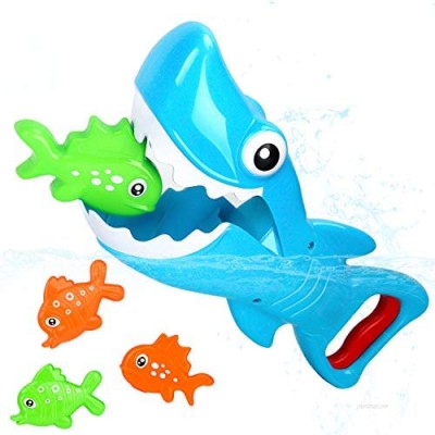 Bammax Bath Toys  Shark Grabber Baby Bath Toy Set Bathtub Toy  Great White Shark with Teeth Biting Action Include 4 Floating Fish Pool Bathroom Bath Toy Game for Toddler Infant Kid Water Toys