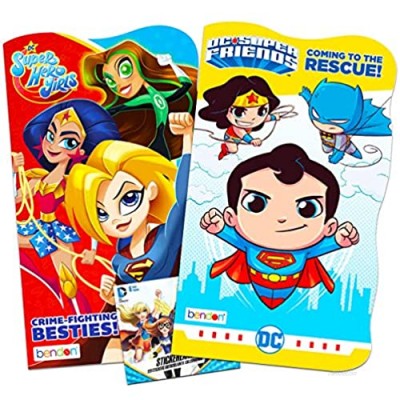 DC Comics Super Friends and Super Hero Girls Board Books for Toddlers ~ 2 Pack Superhero Books with Bonus Super Hero Girls Stickers