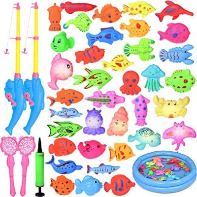 Fun Little Toys 42PCs Magnetic Fishing Toys with 11 in Fishing Pool  2 Fishing Rodes  29 Fishes and 7 Sea Animals with Light  Toddler Bath Toys  Water Toys Fishing Game for Kids
