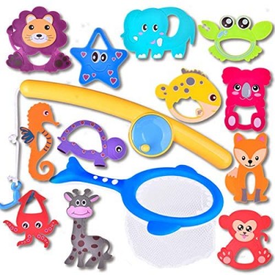 FUN LITTLE TOYS Bath Toys for Toddlers  Fishing Toy Game Set with Fishing Rod  Fishing Net and 12 Pieces No Mold Animals  Water Toys for Kids