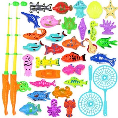 Magnetic Fishing Game 30 PC Ocean Sea Floating Fish Colorful Animals with Net Bathtub Game for Age 3 4 5 6 Year Kids Toddler(Medium Set)