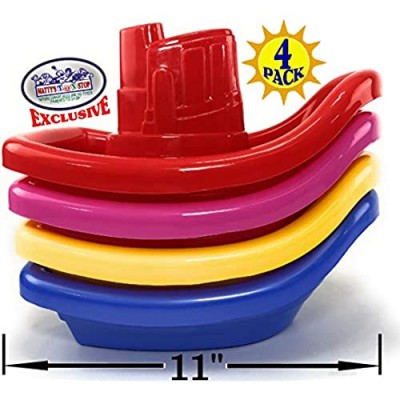 Matty's Toy Stop Plastic Nesting/Stacking Tug Boats (11") Red  Blue  Pink & Yellow Gift Set Bundle  Perfect for Bath  Pool  Beach Etc. - 4 Pack
