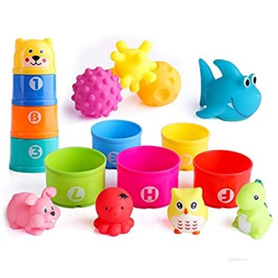 Stacking Cups Bath Toys for Toddlers 1-3  Safe and Fun Kids Bath Toys with Textured Sensory Balls  Light Up Floating Infant Bathtub Toys including Dinosaur Shark  for Baby Boy Birthday Gifts Ages 2-4