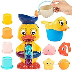 UNIH Baby Bath Toys Set - Large Yellow Duck Bath Toy with Rotatable Waterwheel/Eyes  Stacking Cups Toys  Swim Pool Bath Toys  Fun Baby Bathtub Toy for Toddler 1-3 Years  Girls Boys Gifts
