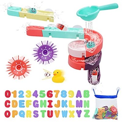 WOMGIOKA Bath Toys Kids Wall Marble Run Game Slide Track Floating Bathtub Toy with Foam Letter Assemble Set 63pcs for Toddlers Boys Girls Age 4-8