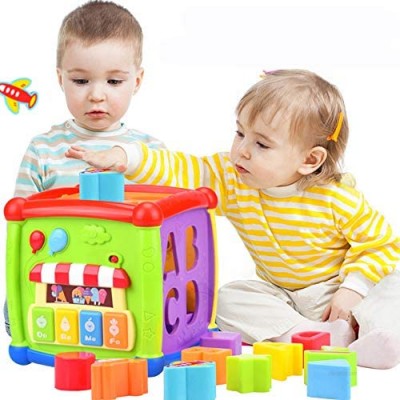 Huanger Multifunctional 6 Sided Cube Toy for 1-3 Year-Old Baby  Including Blocks  Clock  Gears  Music Panel with Keyboard