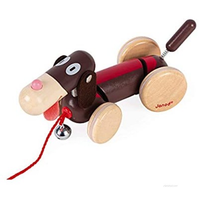 Janod - Classic Pull Along Wood Dog with Bobbling Head  Tail  and Bell - Ages 18 Months+ - J08258