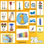 UNIH Musical Instruments Toys Set for Kids Toddlers 26PCS Wooden Musical Percussion Instruments 17 Types Preschool Educational Learning Tambourine Xylophone Toys for Boys and Girls with Storage Bag