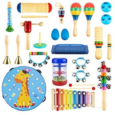 UNIH Musical Instruments Toys Set for Kids Toddlers 26PCS Wooden Musical Percussion Instruments  17 Types Preschool Educational Learning Tambourine Xylophone Toys for Boys and Girls with Storage Bag