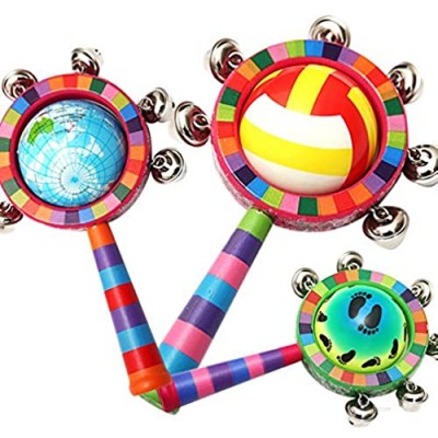 NUOBESTY Baby Rattle Toys Wooden Bells Jingle Stick Shaker with Rainbow Handle Mini Globe Baby Grab Toys Christmas Jingle Bell Ornaments Early Education Toys for Kids Infant