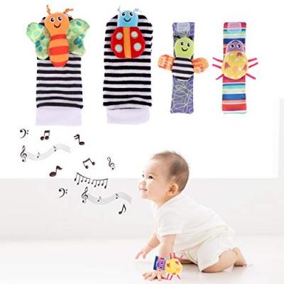 OBANGONG Foot Finder Socks and Wrist Rattles (4 Pieces) Cute Animal Soft Baby Socks Wrist Toys Promote Brain Development Toys for Newborn
