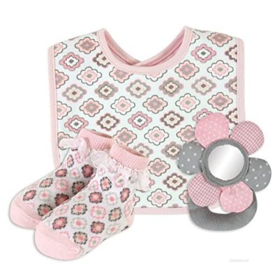 Stephan Baby Bib  Lace-Trimmed Socks and Mirrored Plush Ring Rattle Gift Set  Diamond Flower  6-12 Months