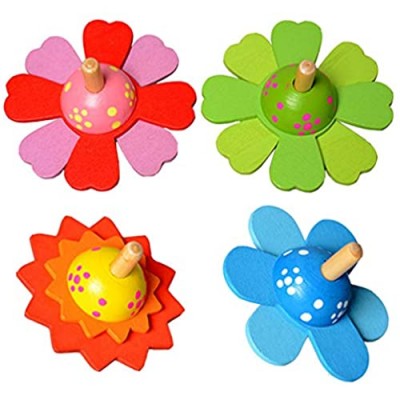 NUOBESTY Colorful Flower Spinning Tops Kids Novelty Wooden Spinning Top Toy  4 Pieces