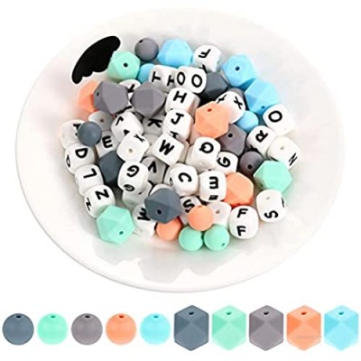 102 Pieces Silicone Teething Beads Set  52 Pieces Alphabet Beads 25 Pieces Hexagon 25 Pieces Round Silicone Bead for DIY Jewelry Necklace Bracelet Accessories Pacifier Chain DIY Baby Toy (Colorful)