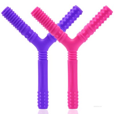 2 Pack Sensory Chew Hollow Teething Tubes  Y Style Teether Toys for Babies 3+ Months  Silicone Teether Tubes for Autistic Chewers  ADHD  Baby Nursing or Special Needs (Pink  Purple)