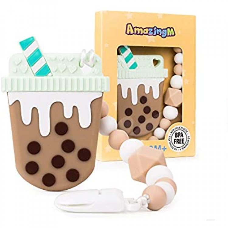AmazingM Baby Teething Toys Food Grade Silicone Teether Toy with Pacifier Clip Holder BPA Free Freezer Safe (Bubble Tea) (Coffee)