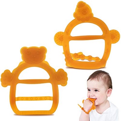ANGELBLISS Baby Teething Toys for Babies (2 Pack)  Non-Dropping and Adjustable Baby Teether for Infants Toddlers - Natural Organic Silicone BPA Free  Soothe Sore Gum Chew Toys for Boys&Girls (Brown)