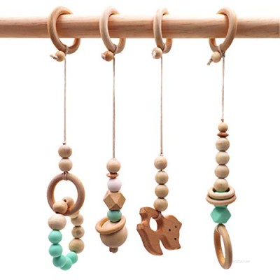 Baby Gym Toys Teether Wooden Ring Baby Chewable Rattle Teether Silicone Beads Animal Pendant Non-Toxic Environmental Protection Sensory Toys
