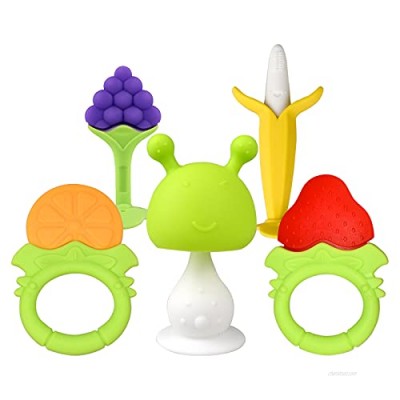Baby Teethers for Babies 0-6 Months  Baby Fruit Teething Toys and Mushroom Rattling Teether  5 Pcs Silicone Baby Teether Freezer Free and Pain Relief Infants(Green)
