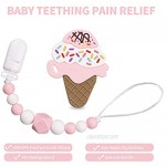 Baby Teething Toys Food Grade Silicone Ice Cream Teether Toy with Pacifier Clip Holder Set for Newborn Babies BPA Free Freezer Safe (Pink)