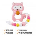 Baby Teething Toys for 3-6 6-12 Months Babies Silicone Teethers with Relief Beads Binky Holder and Pacifier Clips Raccoon Design for Boys and Girls (Pink)