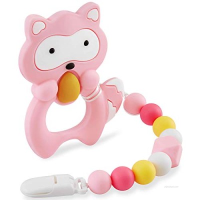 Baby Teething Toys for 3-6 6-12 Months Babies  Silicone Teethers with Relief Beads Binky Holder and Pacifier Clips  Raccoon Design for Boys and Girls (Pink)