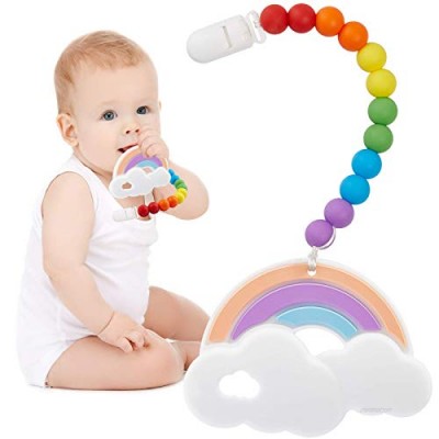 Baby Teething Toys for 3-6 6-12 Months Babies  Silicone Teethers with Relief Beads Binky Holder and Pacifier Clips  Rainbow Color Design for Boys and Girls