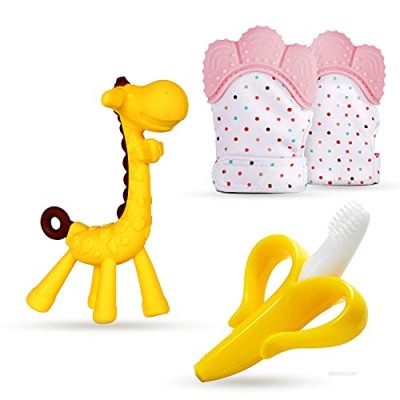 BabyGoods Teething Mitten Infant Glove  Banana Brush  and Baby Giraffe Teether Toy Set for Boys & Girls | Stimulates Gum & Relieves Pain | Food-Grade Silicone for Tender Gums (Pink)