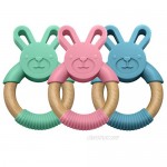 LittleFoot Nation Organic & Natural Bunny Rabbit Baby Teether Ring 100% BPA Free Pure Food Grade Silicone & Beech Wood Teething Pain Relief Toy for Toddlers & Infants (Blue)