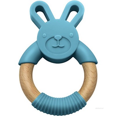 LittleFoot Nation Organic & Natural Bunny Rabbit Baby Teether Ring  100% BPA Free Pure Food Grade Silicone & Beech Wood  Teething Pain Relief Toy for Toddlers & Infants (Blue)